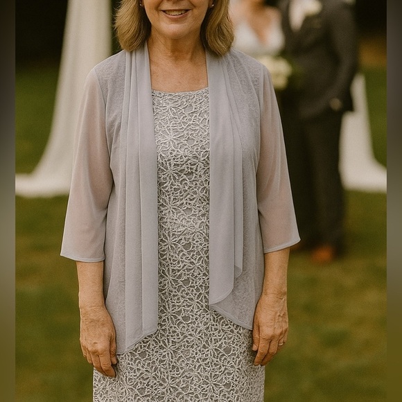 R&M Richard Silver Gray Mother of Bride Midi Length Dress Women 8 Formal Wedding - Picture 12 of 12